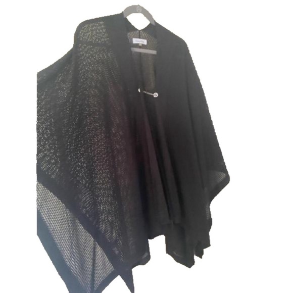 Open Knit Weave Cape Poncho Coat Open Knit Weave Cape Black Metallic One Size - Picture 3 of 15